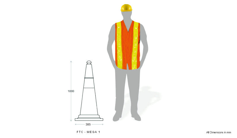 1 Meter Height Rubber Base Safety Cones with 200 mm Reflective Tape - Pack Of 3 Safety