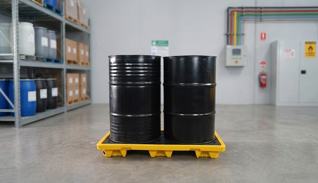 Heavy duty 2 drum chemical spill pallet 50L, yellow sump with black PE grating