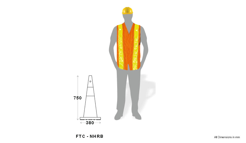 750 mm Height Rubber Base  (Weight – 3.5 kg)  Cones with 150 mm Reflective Tape – Pack of 5 Safety Cones with 10 Meter Plastic Chain.