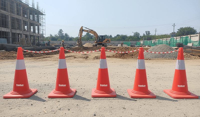 750 mm Height (Weight – 4.5 kg) One-Piece Moulded Cones  with 150 mm Reflective Tape – Pack of 5 Safety Cones with 10 Meter Plastic Chain.