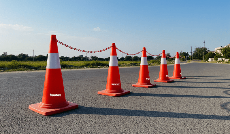 750 mm Height (Weight – 4.5 kg) One-Piece Moulded Cones  with 150 mm Reflective Tape – Pack of 5 Safety Cones with 10 Meter Plastic Chain.