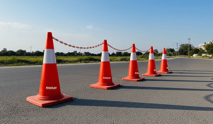 750 mm Height (Weight – 4.5 kg) One-Piece Moulded Cones  with 150 mm Reflective Tape – Pack of 5 Safety Cones with 10 Meter Plastic Chain.