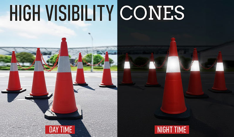1 Meter Height Rubber Base Safety Cones with 200 mm Reflective Tape  - Pack Of 3 Safety