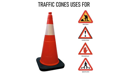 1 Meter Height Rubber Base Safety Cones with 200 mm Reflective Tape  - Pack Of 3 Safety