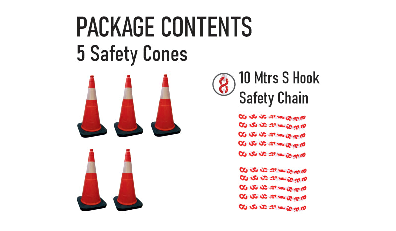 750 mm Height Rubber Base  (Weight – 3.5 kg)  Cones with 150 mm Reflective Tape – Pack of 5 Safety Cones with 10 Meter Plastic Chain.