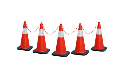 750 mm Height Rubber Base  (Weight – 3.5 kg)  Cones with 150 mm Reflective Tape – Pack of 5 Safety Cones with 10 Meter Plastic Chain.