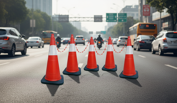 750 mm Height Rubber Base (Weight – 3.5 kg) Cones with 150 mm Reflective Tape – Pack of 5 Safety Cones with 10 Meter Plastic Chain.