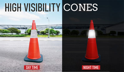 750 mm Height Rubber Base  (Weight – 3.5 kg)  Cones with 150 mm Reflective Tape – Pack of 5 Safety Cones with 10 Meter Plastic Chain.