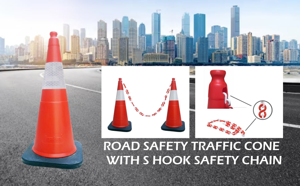750 mm Height Rubber Base  (Weight – 3.5 kg)  Cones with 150 mm Reflective Tape – Pack of 5 Safety Cones with 10 Meter Plastic Chain.