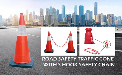 750 mm Height Rubber Base  (Weight – 3.5 kg)  Cones with 150 mm Reflective Tape – Pack of 5 Safety Cones with 10 Meter Plastic Chain.