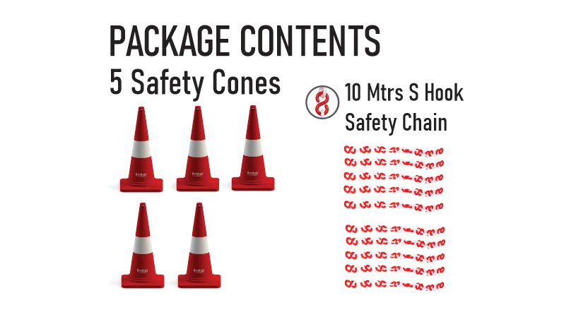 750 mm Height (Weight – 4.5 kg) One-Piece Moulded Cones  with 150 mm Reflective Tape – Pack of 5 Safety Cones with 10 Meter Plastic Chain.